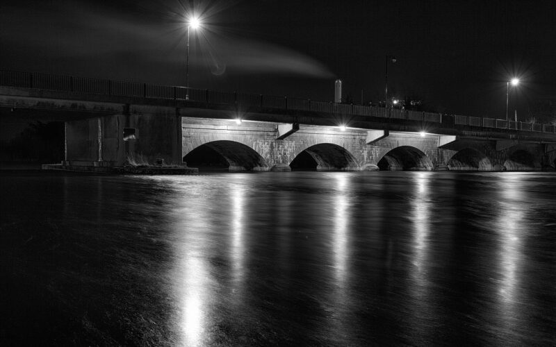 Lanesborough Bridge reflected in the Shannon at night